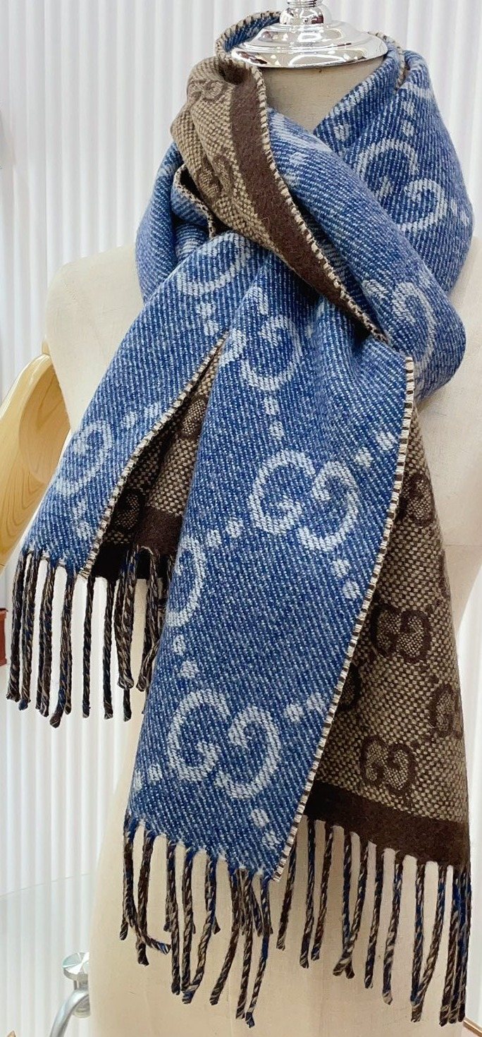 Gucci Blue & Brown Reversible Fringed Scarf product image 1, provided for visual reference and product detail review