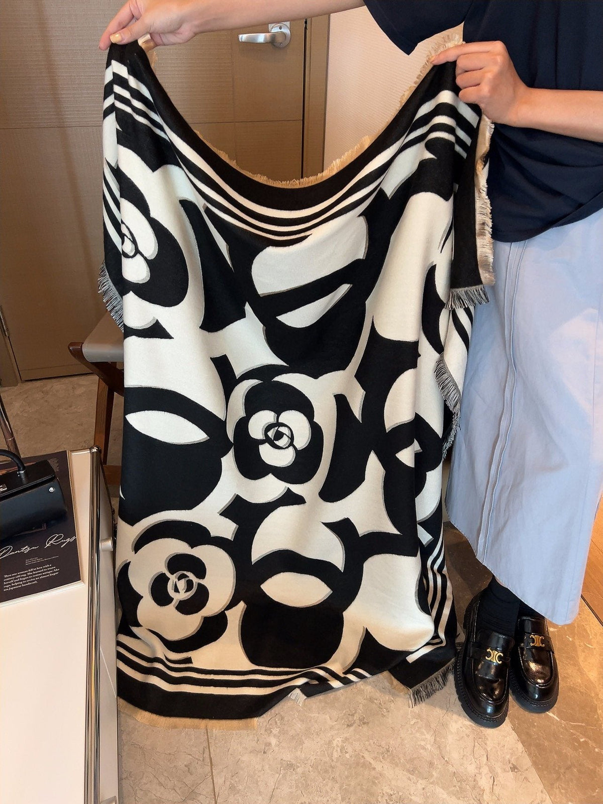 Chanel Black & Ivory Floral Scarf product image 2, provided for visual reference and product detail review