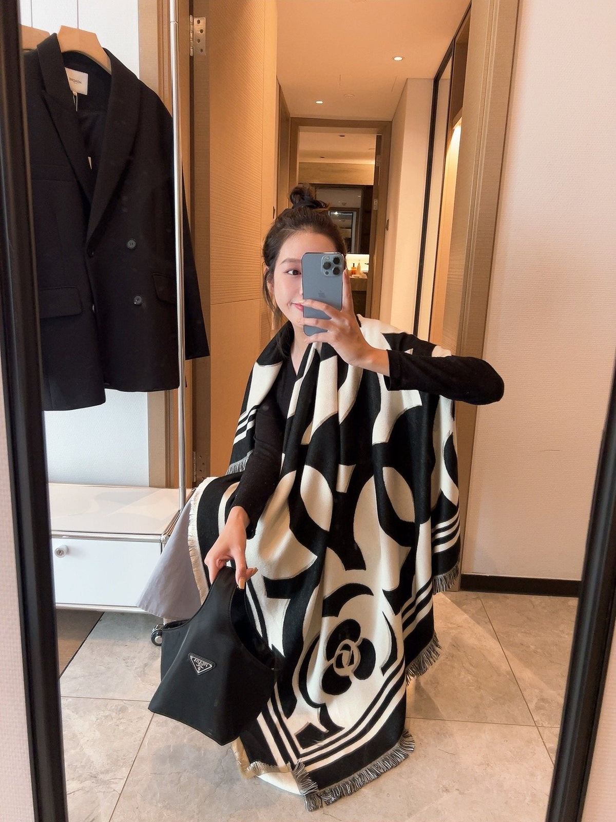 Chanel Black & Ivory Floral Scarf product image 3, provided for visual reference and product detail review