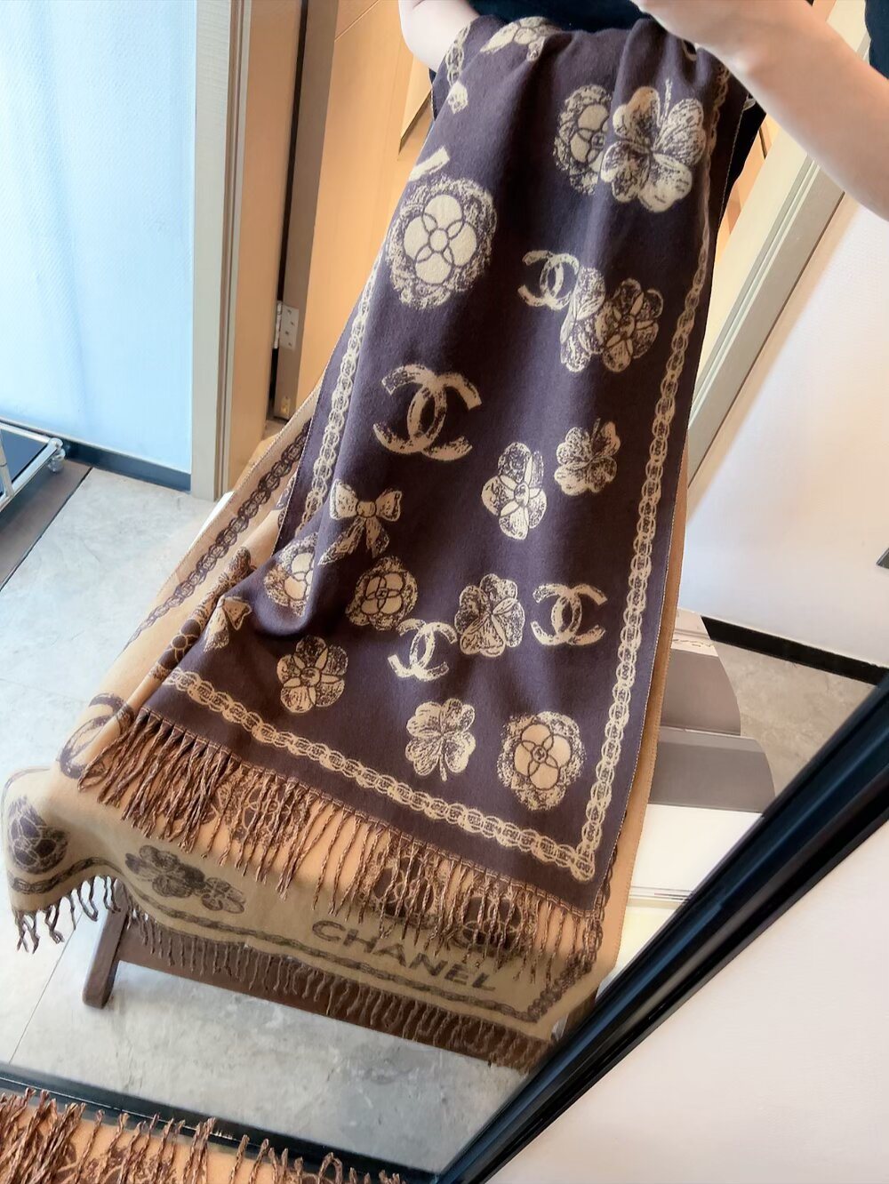 Chanel Logo-Pattern Fringed Scarf product image 1, provided for visual reference and product detail review