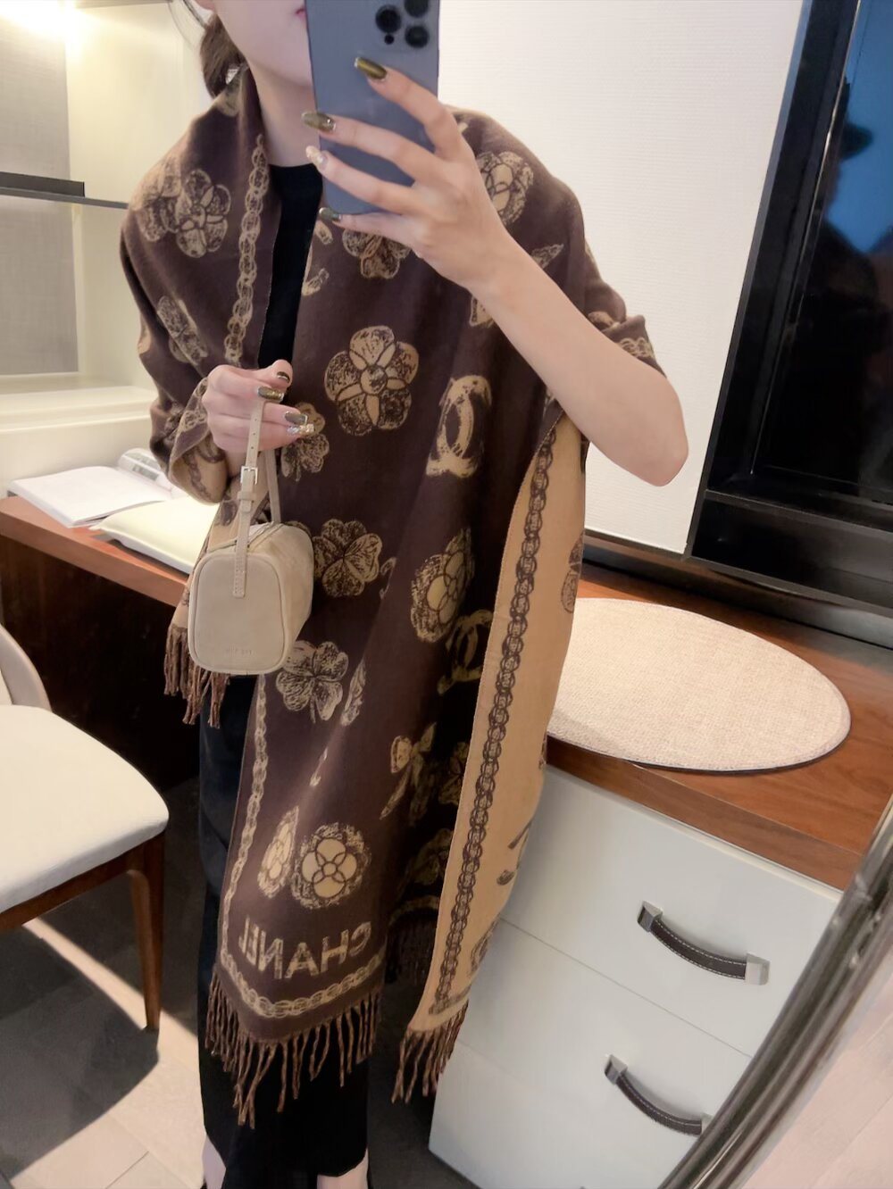 Chanel Fringed Patterned Scarf product image 5, provided for visual reference and product detail review