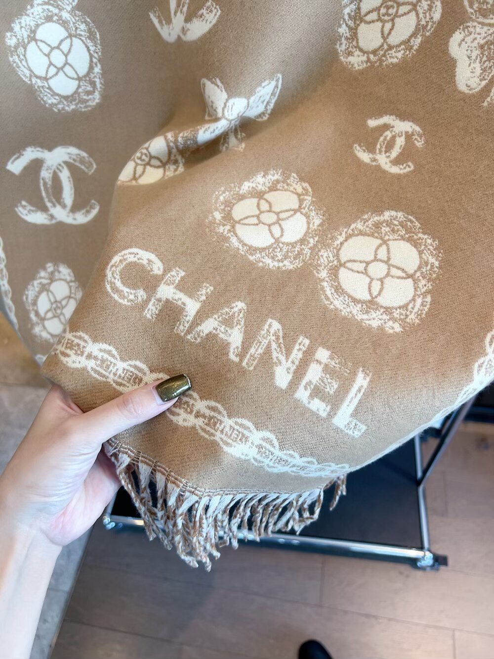 Chanel Fringed Patterned Scarf product image 8, provided for visual reference and product detail review