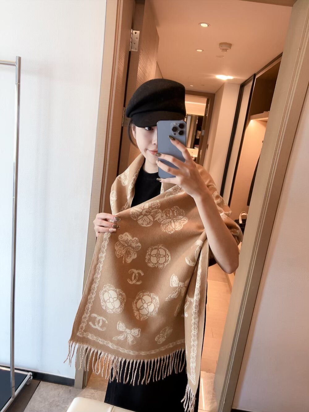 Chanel Logo-Pattern Fringed Scarf product image 2, provided for visual reference and product detail review