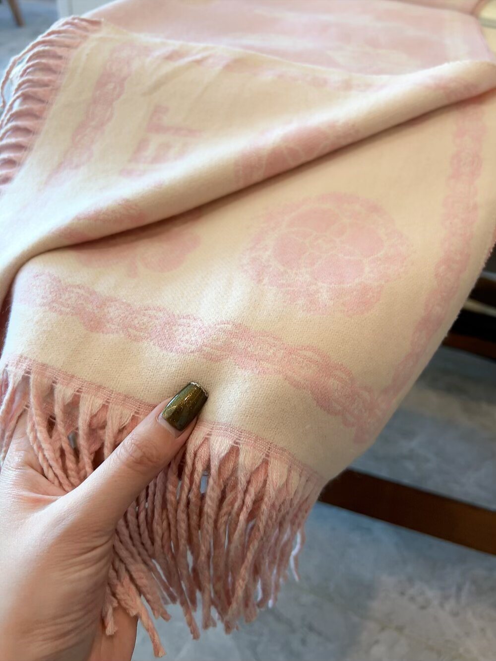 Chanel Logo-Pattern Fringed Scarf product image 9, provided for visual reference and product detail review