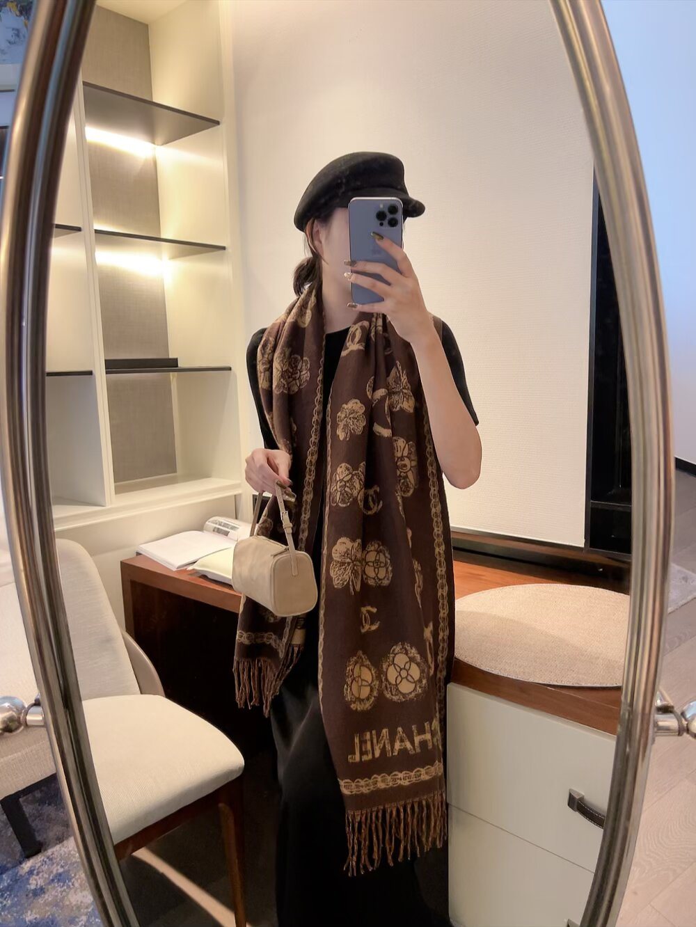 Chanel Fringed Patterned Scarf product image 1, provided for visual reference and product detail review