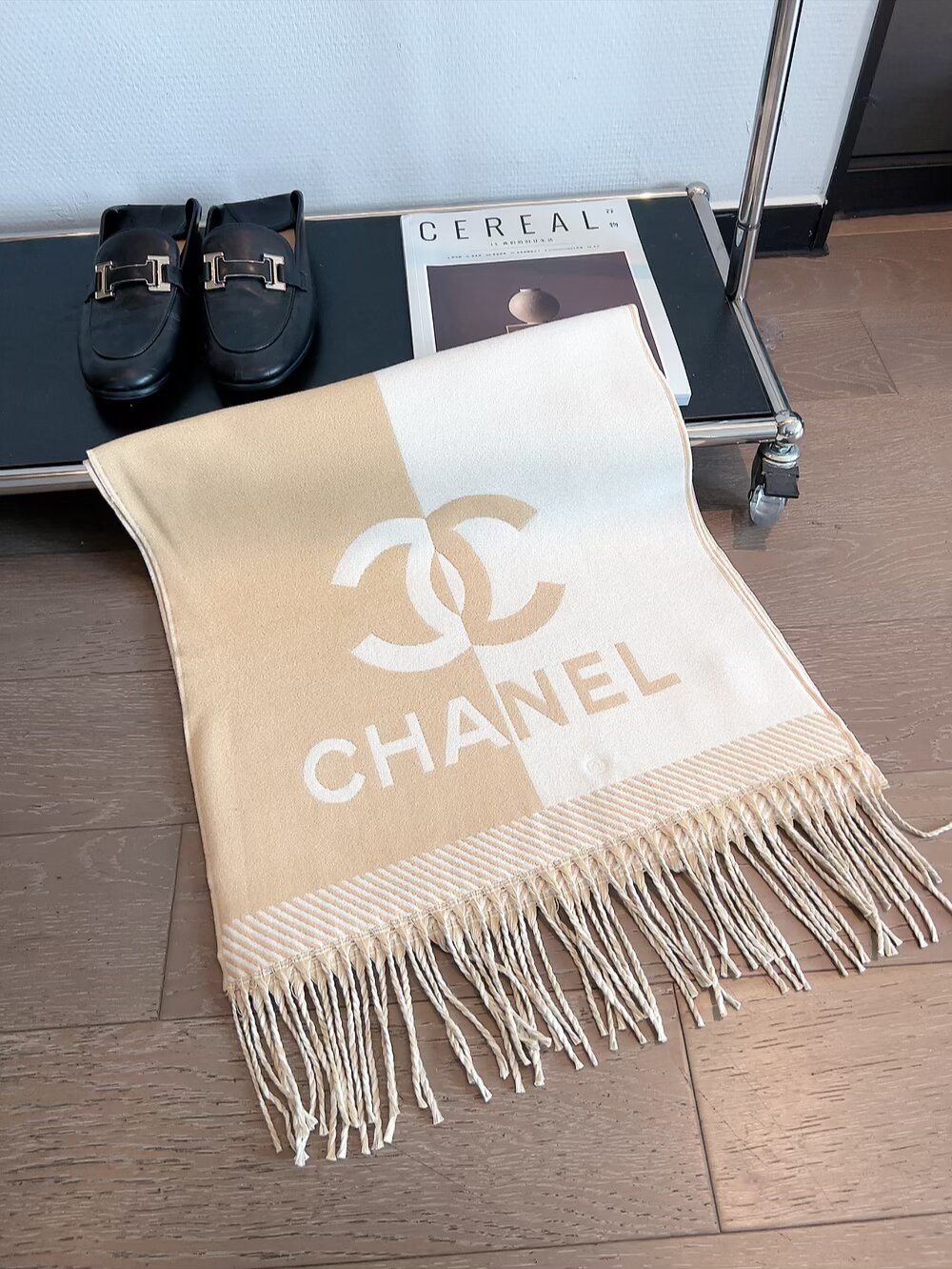 Chanel Logo Panel Fringed Scarf product image 1, provided for visual reference and product detail review