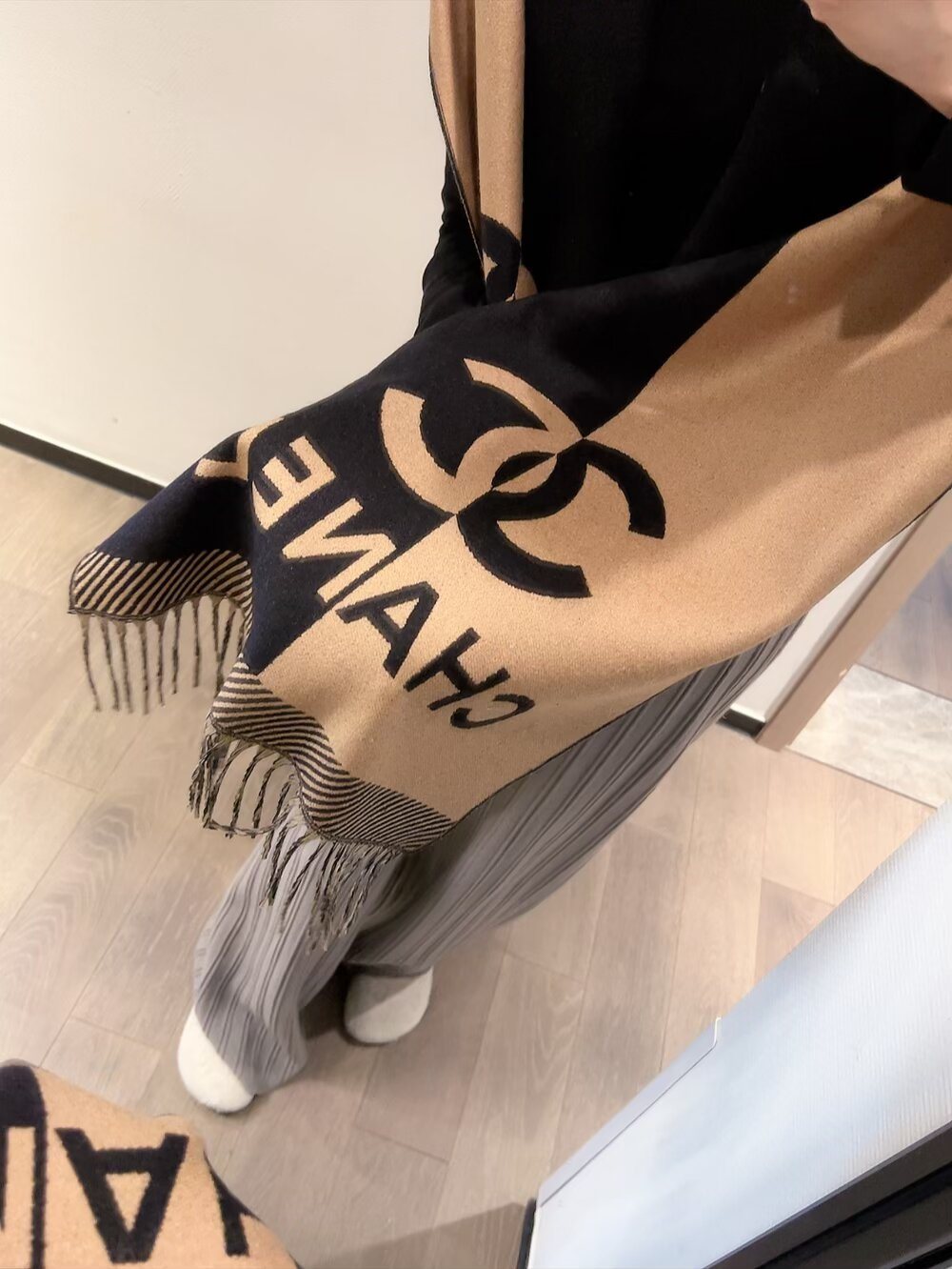 Chanel Logo Panel Fringed Scarf product image 5, provided for visual reference and product detail review