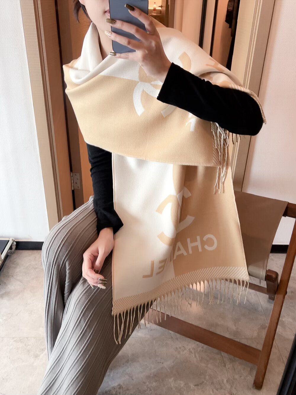 Chanel Color-Block Fringed Scarf product image 4, provided for visual reference and product detail review
