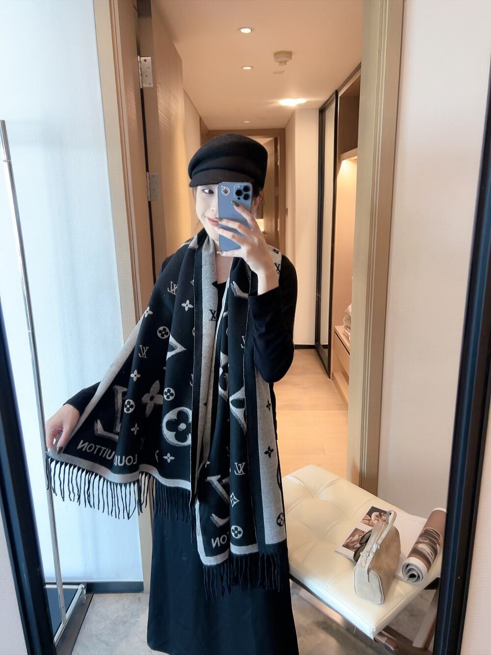 Louis Vuitton Black & Gray Logo Scarf product image 1, provided for visual reference and product detail review