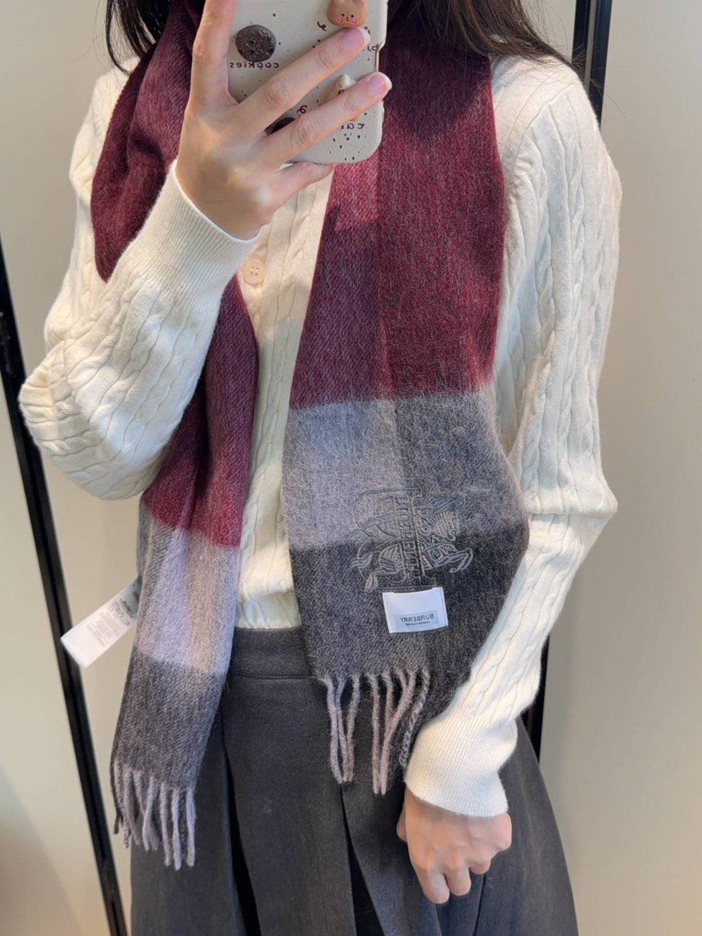 Burberry Burgundy Plaid Fringed Scarf product image 3, provided for visual reference and product detail review