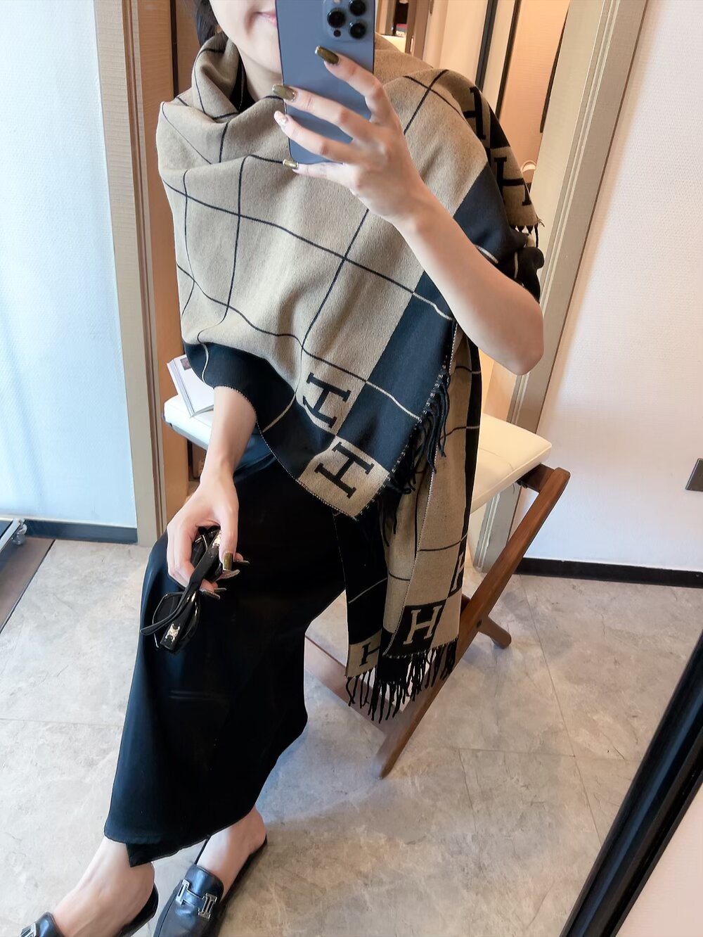 Hermès Light Beige and Black Grid Fringed Scarf product image 4, provided for visual reference and product detail review