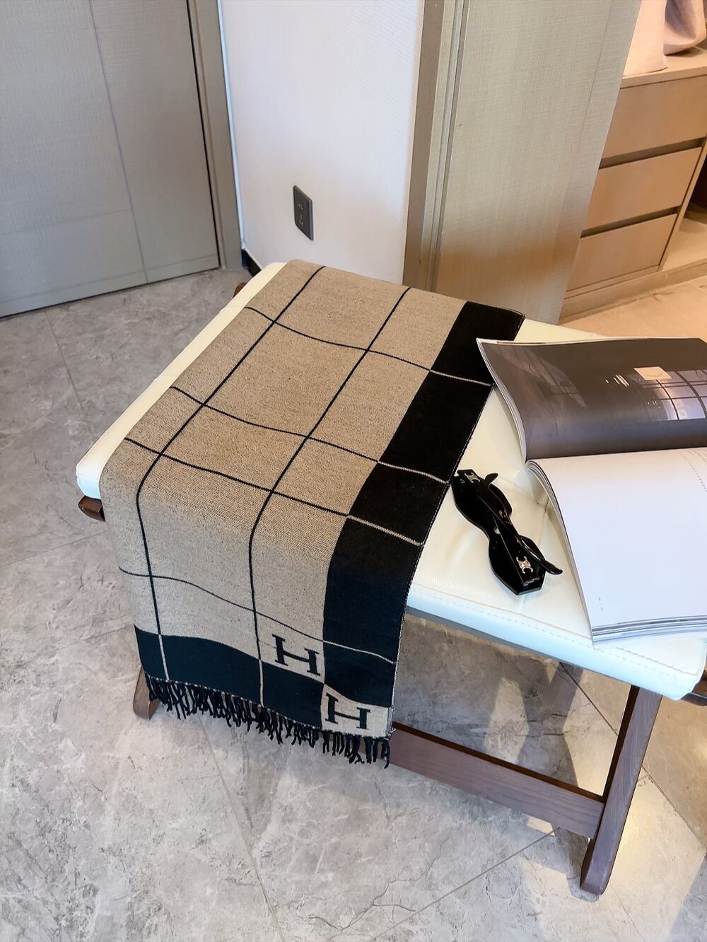 Hermès Light Beige and Black Grid Fringed Scarf product image 2, provided for visual reference and product detail review