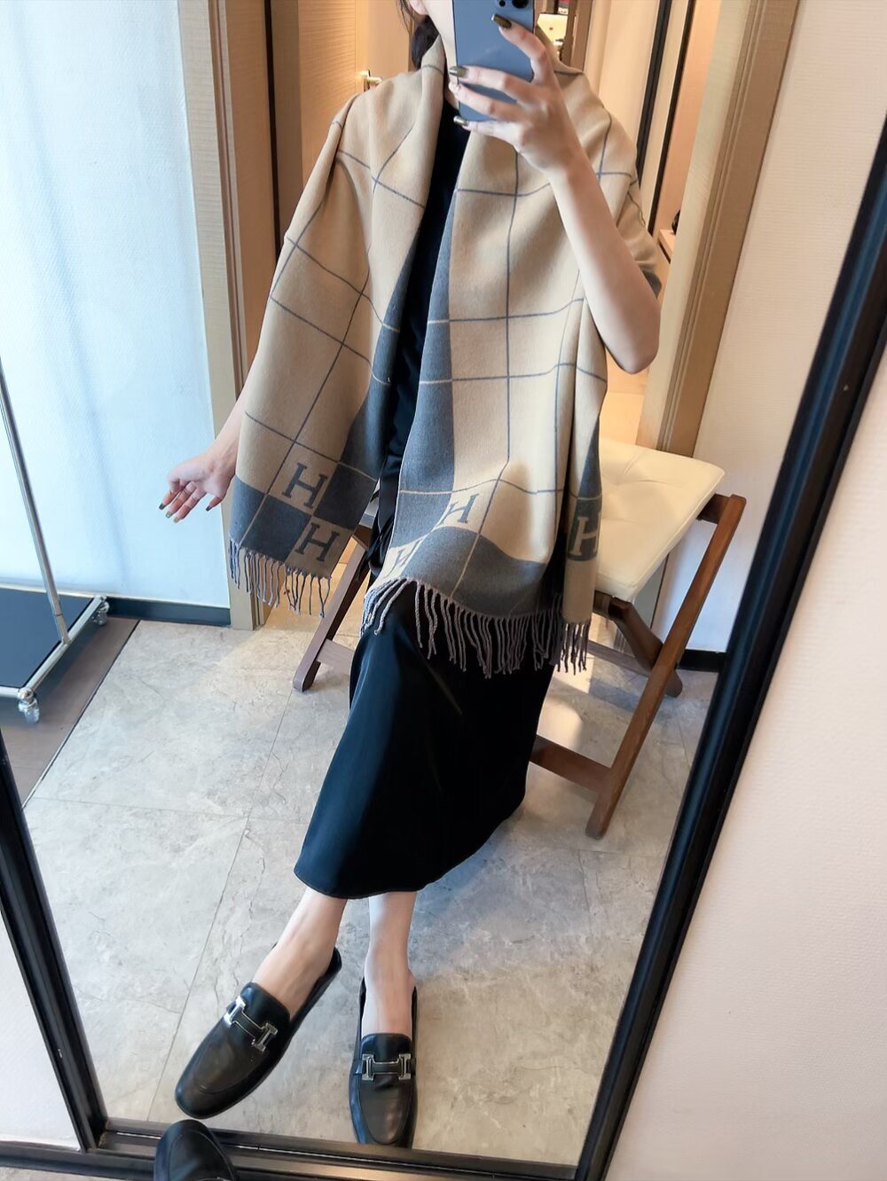 Hermès Light Beige and Black Grid Fringed Scarf product image 3, provided for visual reference and product detail review