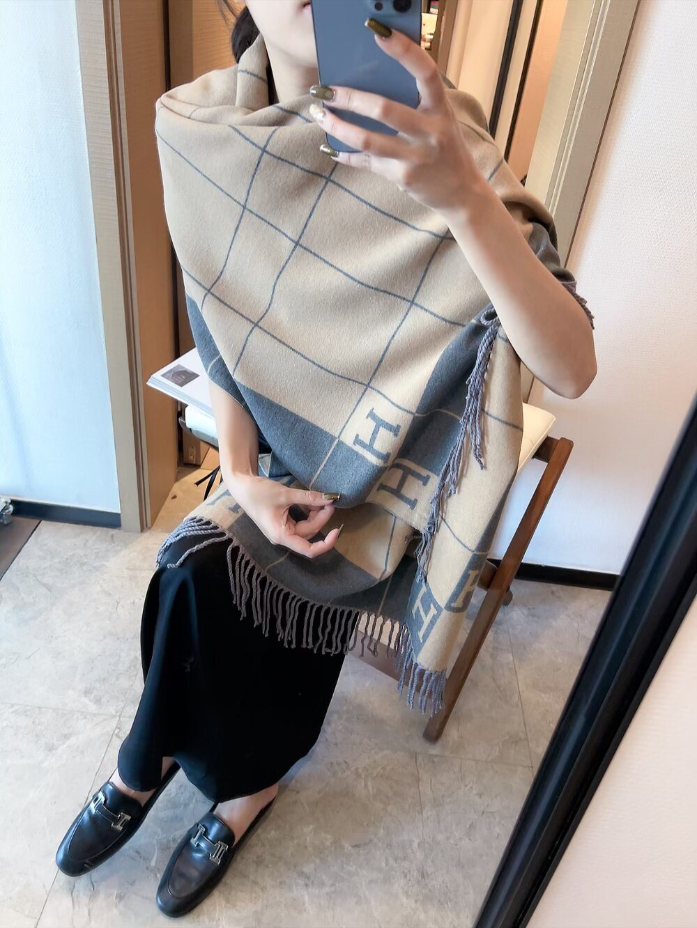 Hermès Light Beige and Black Grid Fringed Scarf product image 5, provided for visual reference and product detail review