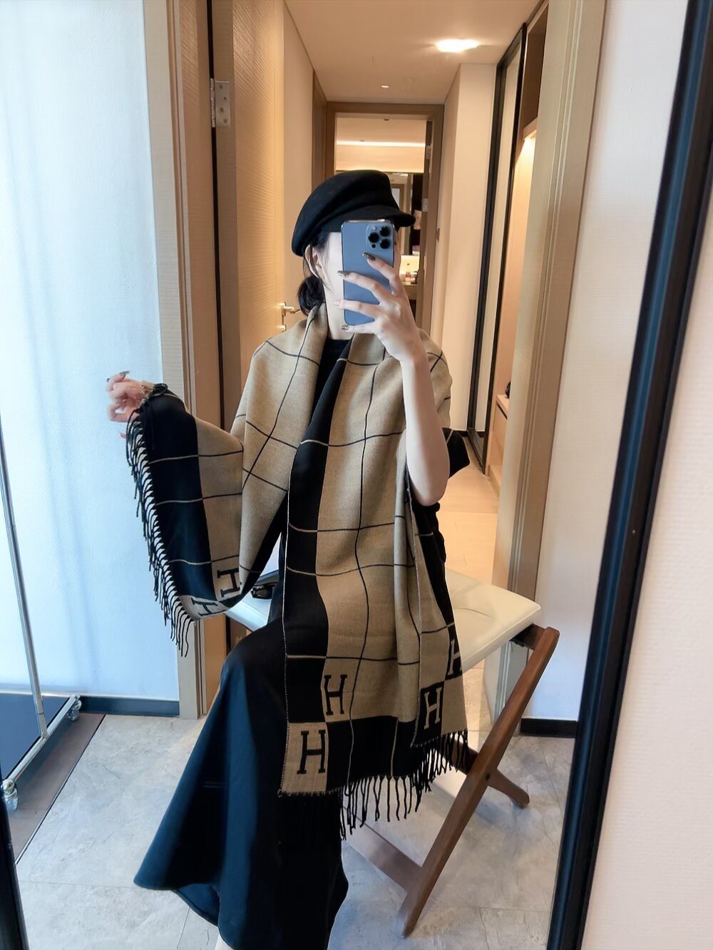 Hermès Light Beige and Black Grid Fringed Scarf product image 6, provided for visual reference and product detail review