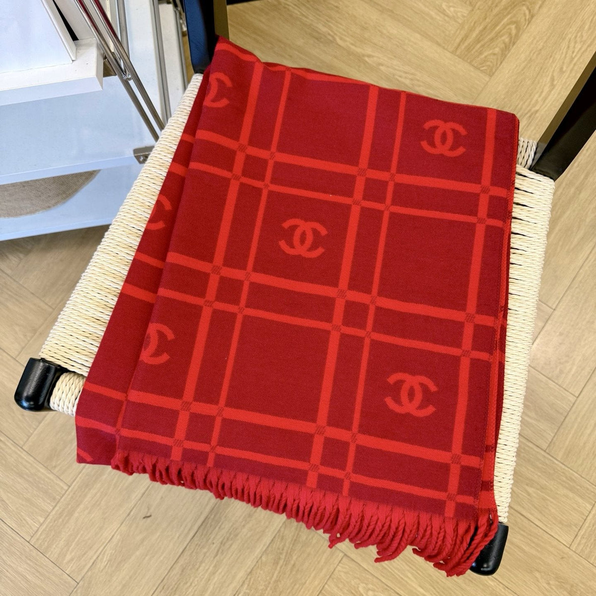 Chanel Burgundy Red Logo Check Scarf product image 1, provided for visual reference and product detail review