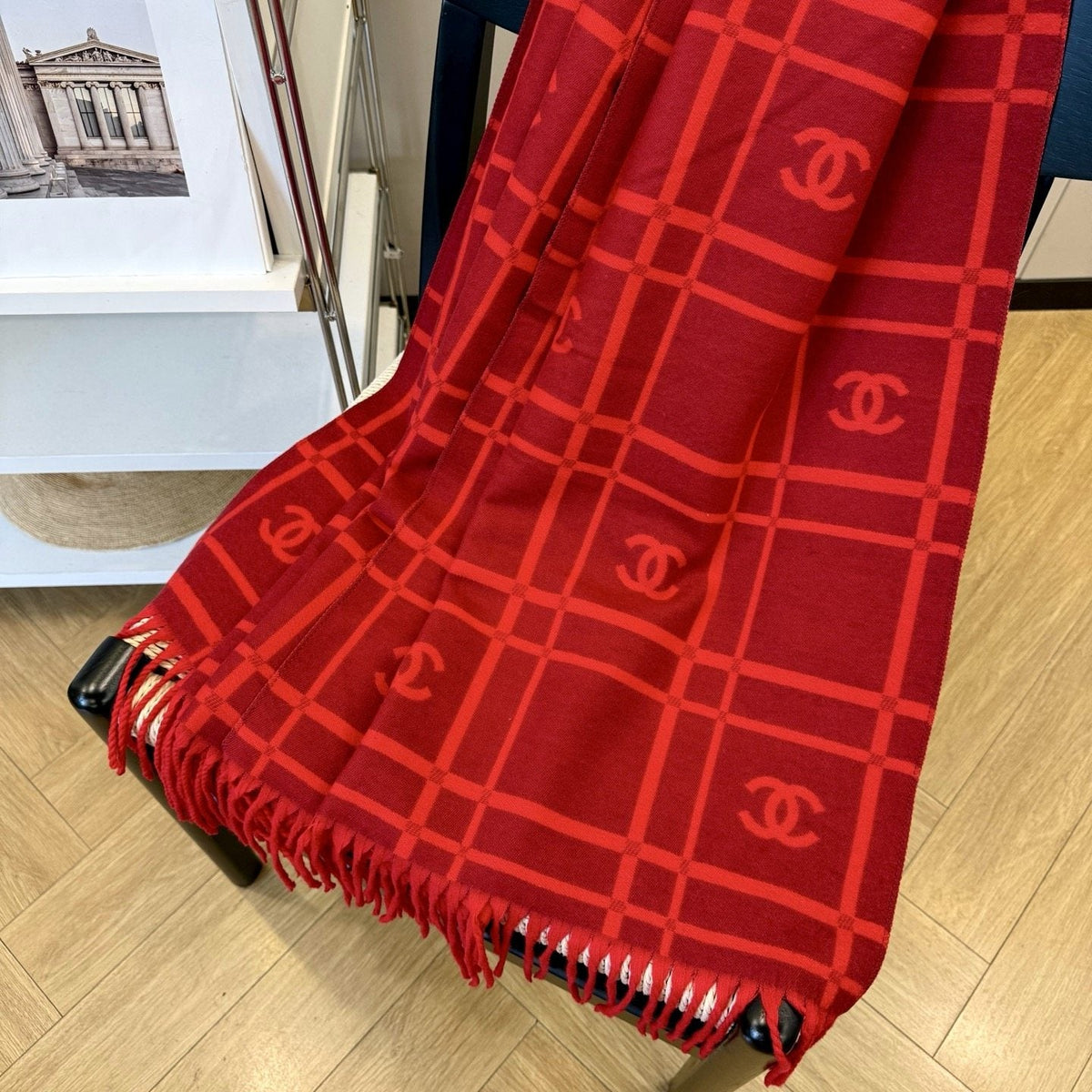 Chanel Burgundy Red Logo Check Scarf product image 4, provided for visual reference and product detail review