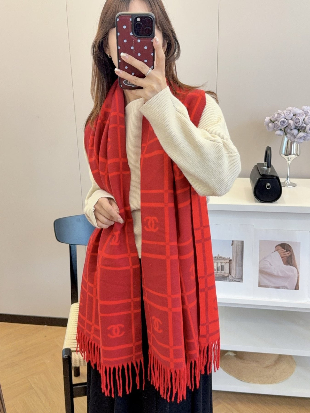 Chanel Burgundy Red Logo Check Scarf product image 2, provided for visual reference and product detail review