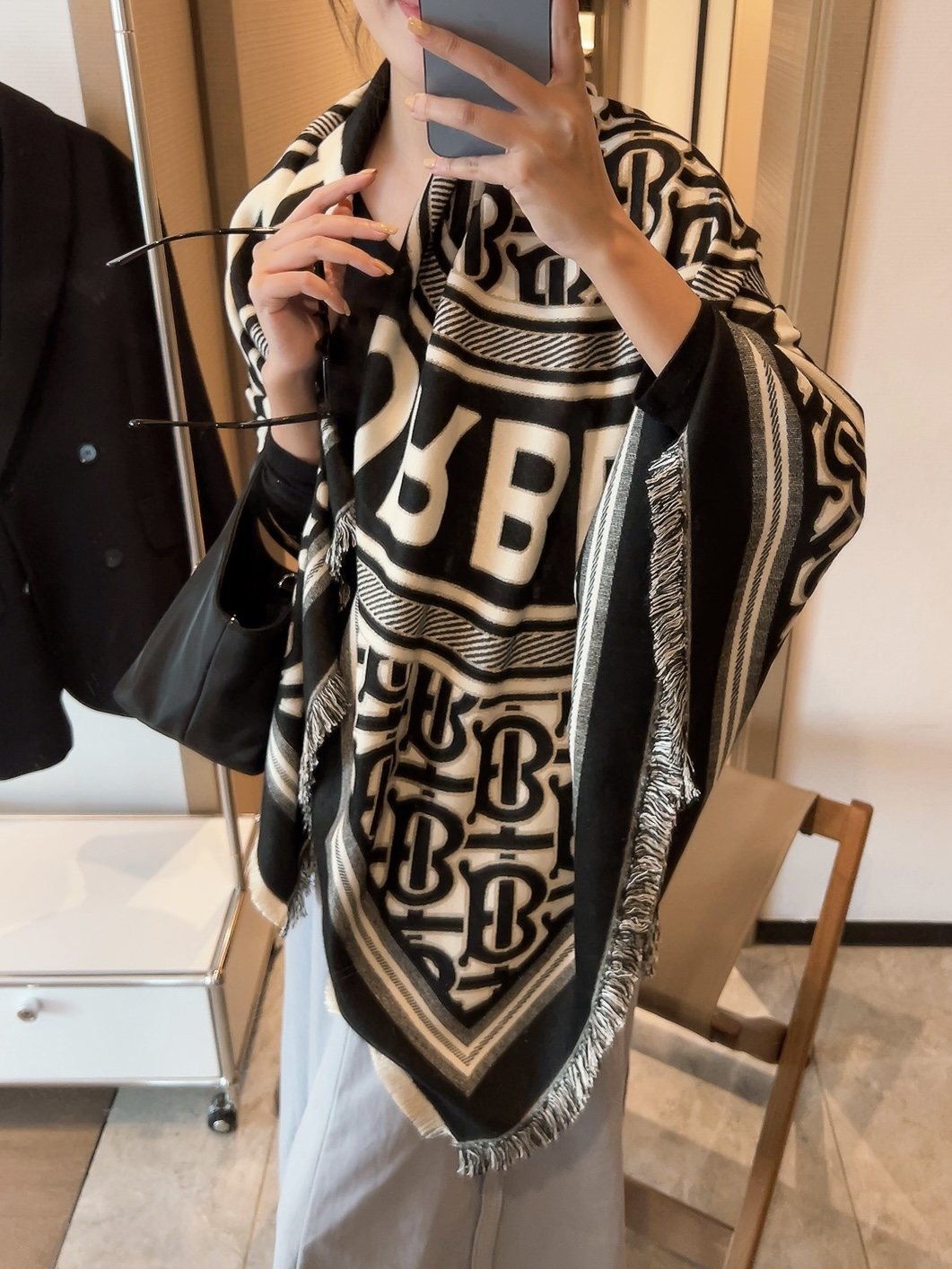 Burberry Black & Ivory Logo Square Scarf product image 4, provided for visual reference and product detail review