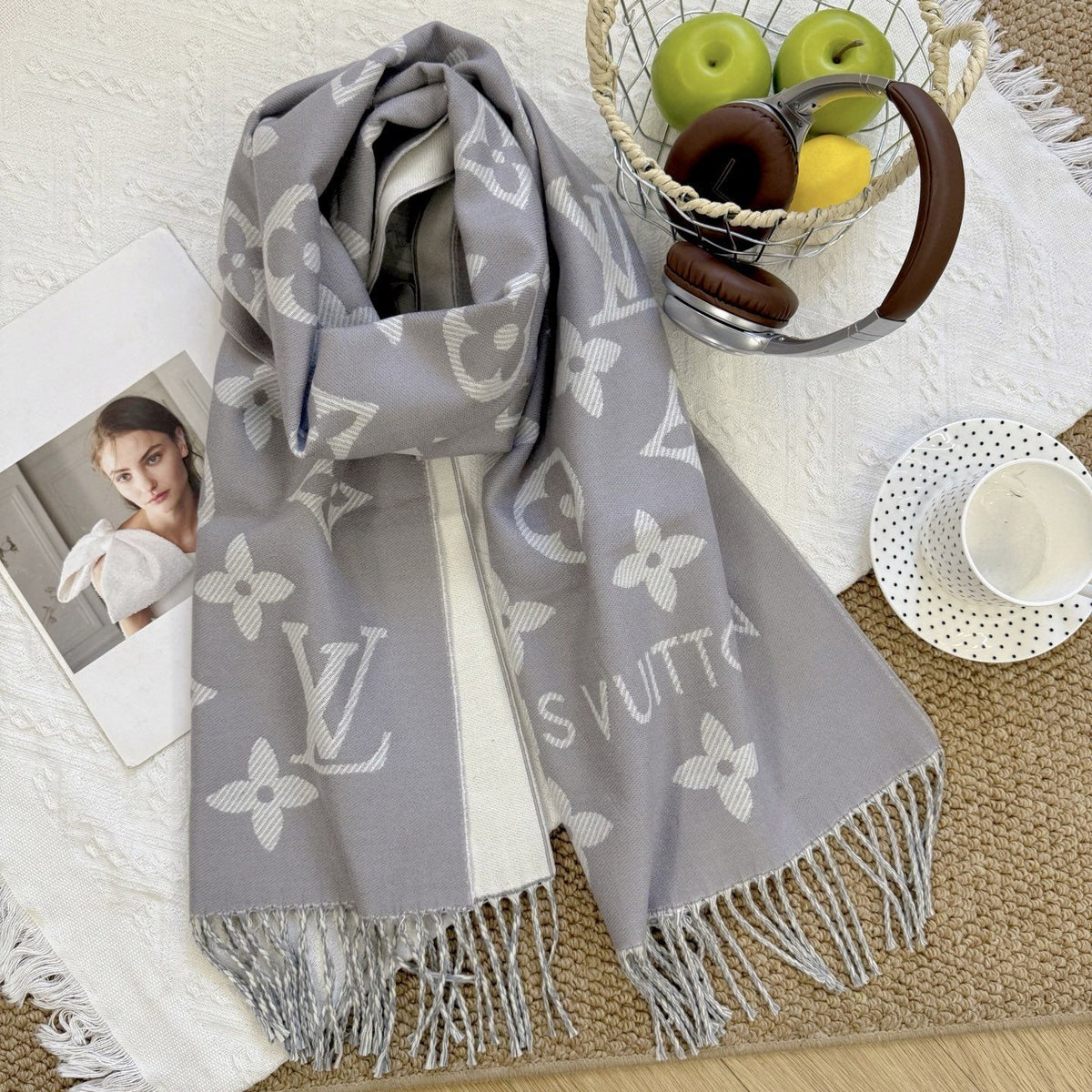 Louis Vuitton Reversible Floral-Geometric Fringe Scarf product image 4, provided for visual reference and product detail