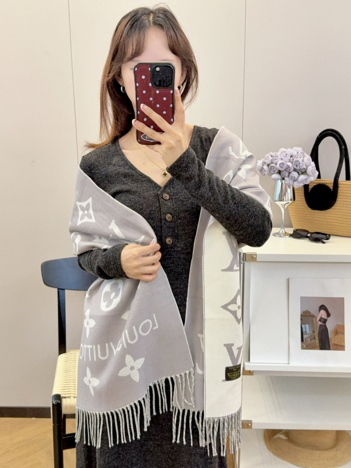 Louis Vuitton Reversible Floral-Geometric Fringe Scarf product image 3, provided for visual reference and product detail