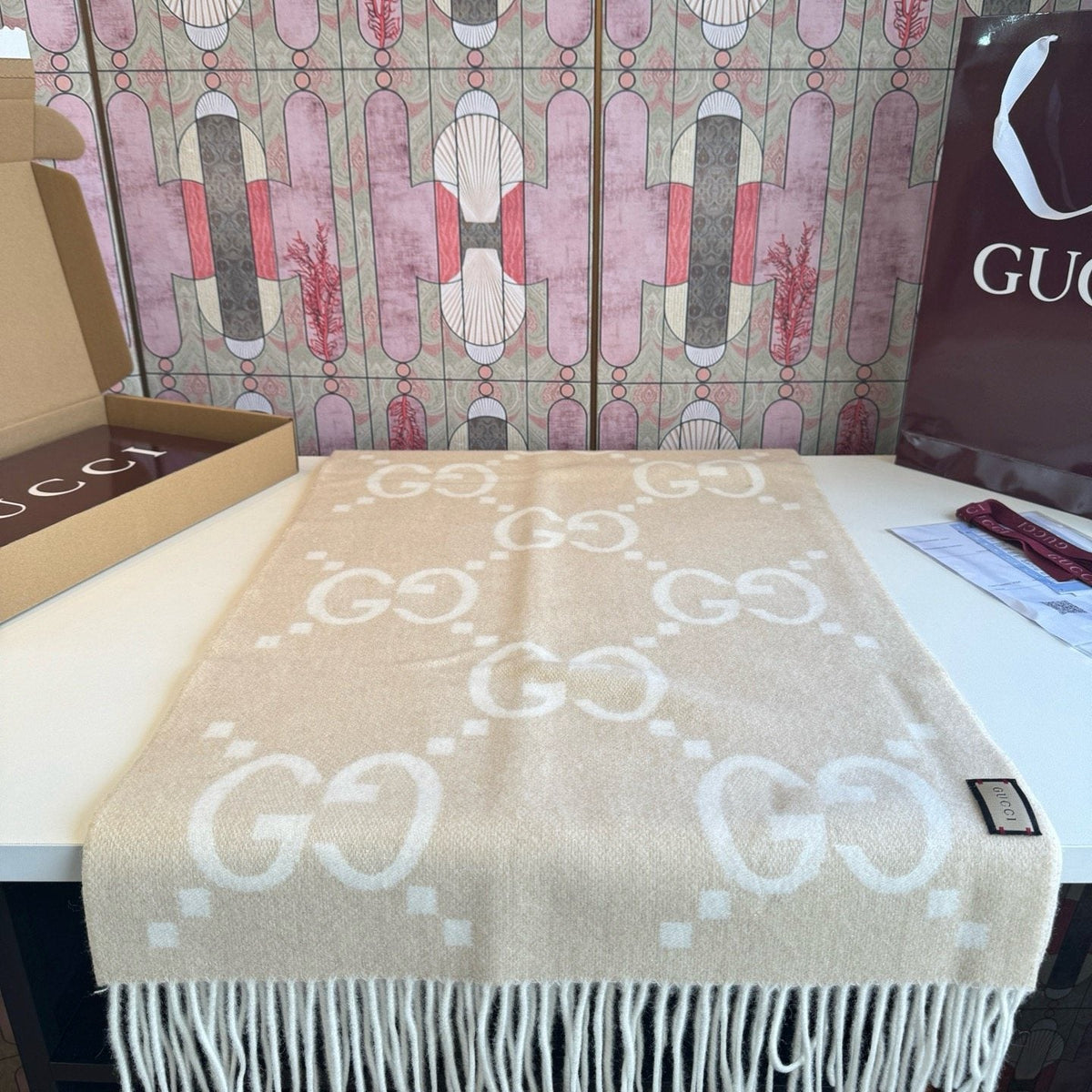 Gucci Beige Cream GG Fringe Scarf product image 1, provided for visual reference and product detail review
