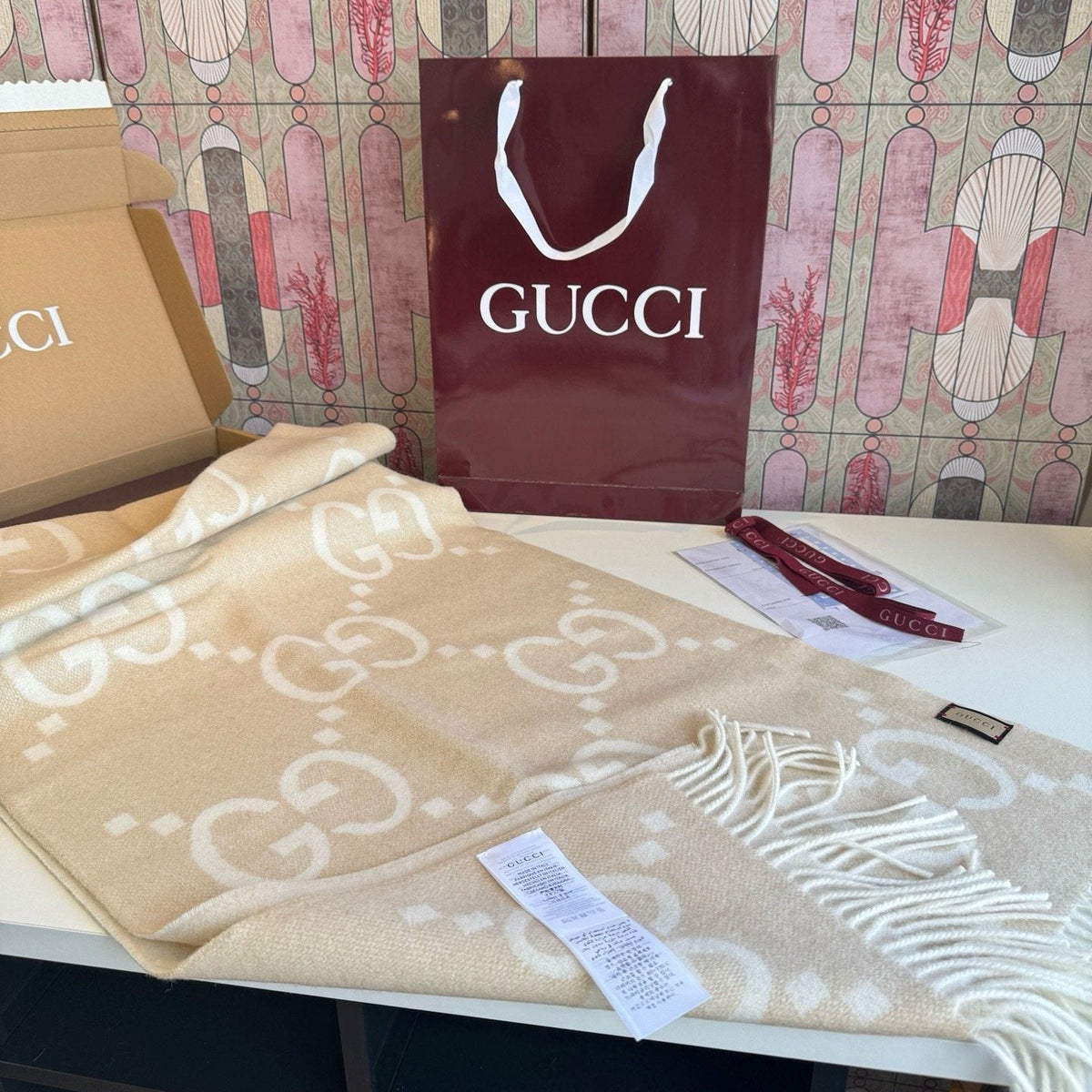 Gucci Beige Cream GG Fringe Scarf product image 2, provided for visual reference and product detail review