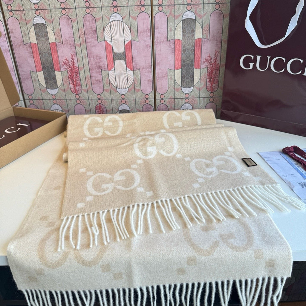 Gucci Beige Cream GG Fringe Scarf product image 4, provided for visual reference and product detail review