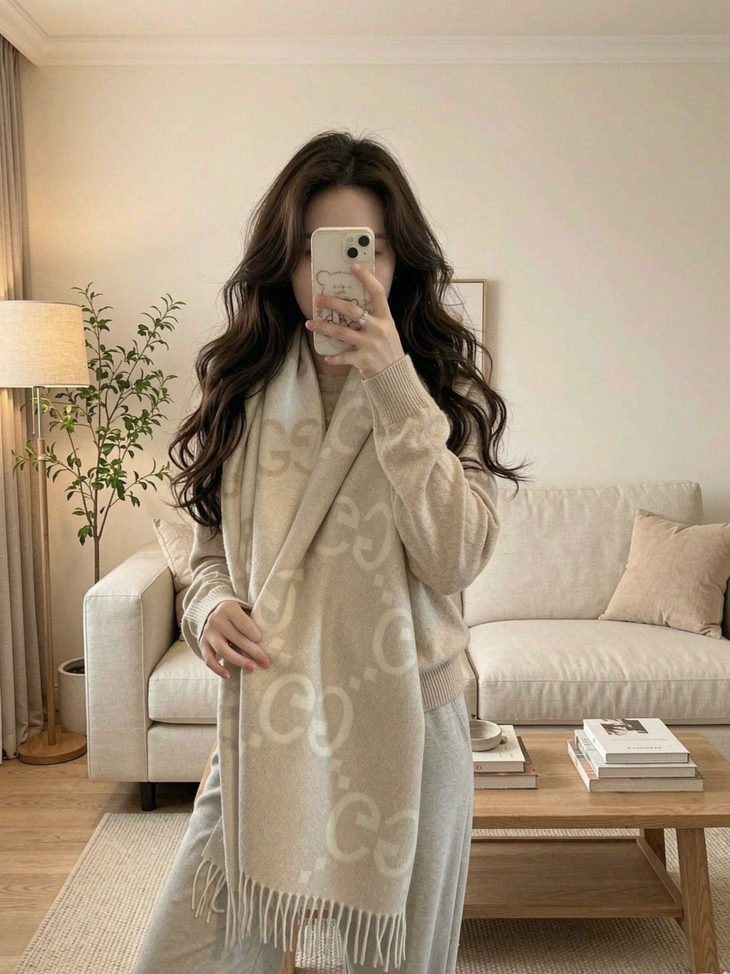 Gucci Beige Cream GG Fringe Scarf product image 6, provided for visual reference and product detail review