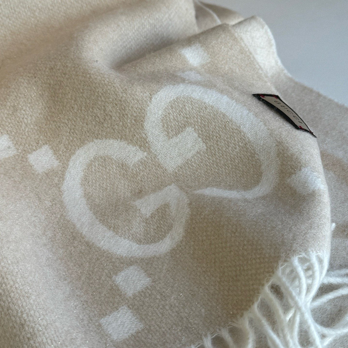 Gucci Beige Cream GG Fringe Scarf product image 8, provided for visual reference and product detail review