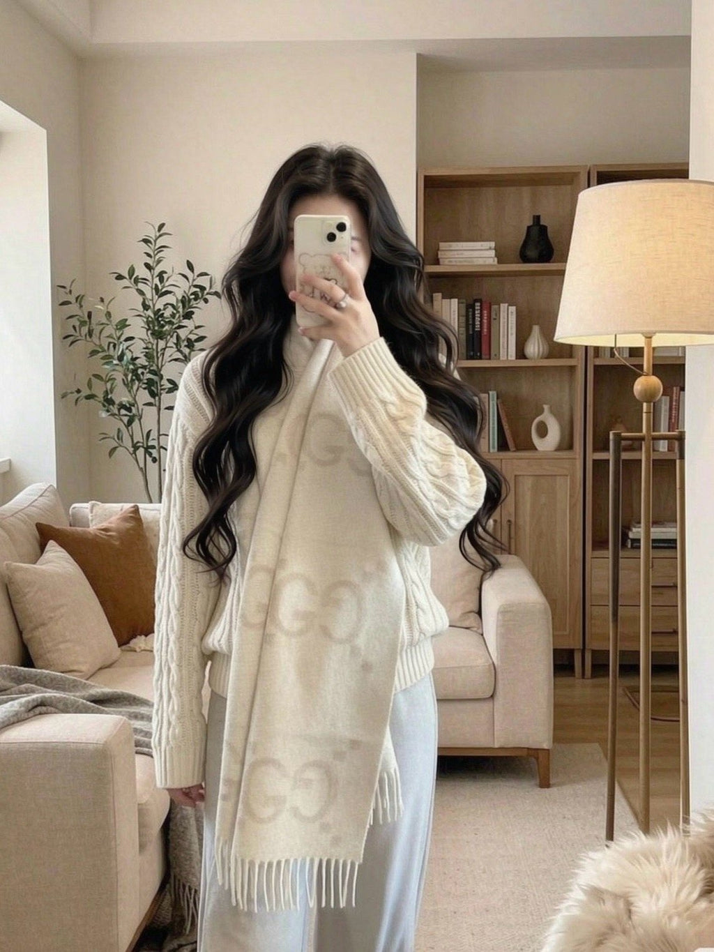 Gucci Beige Cream GG Fringe Scarf product image 7, provided for visual reference and product detail review
