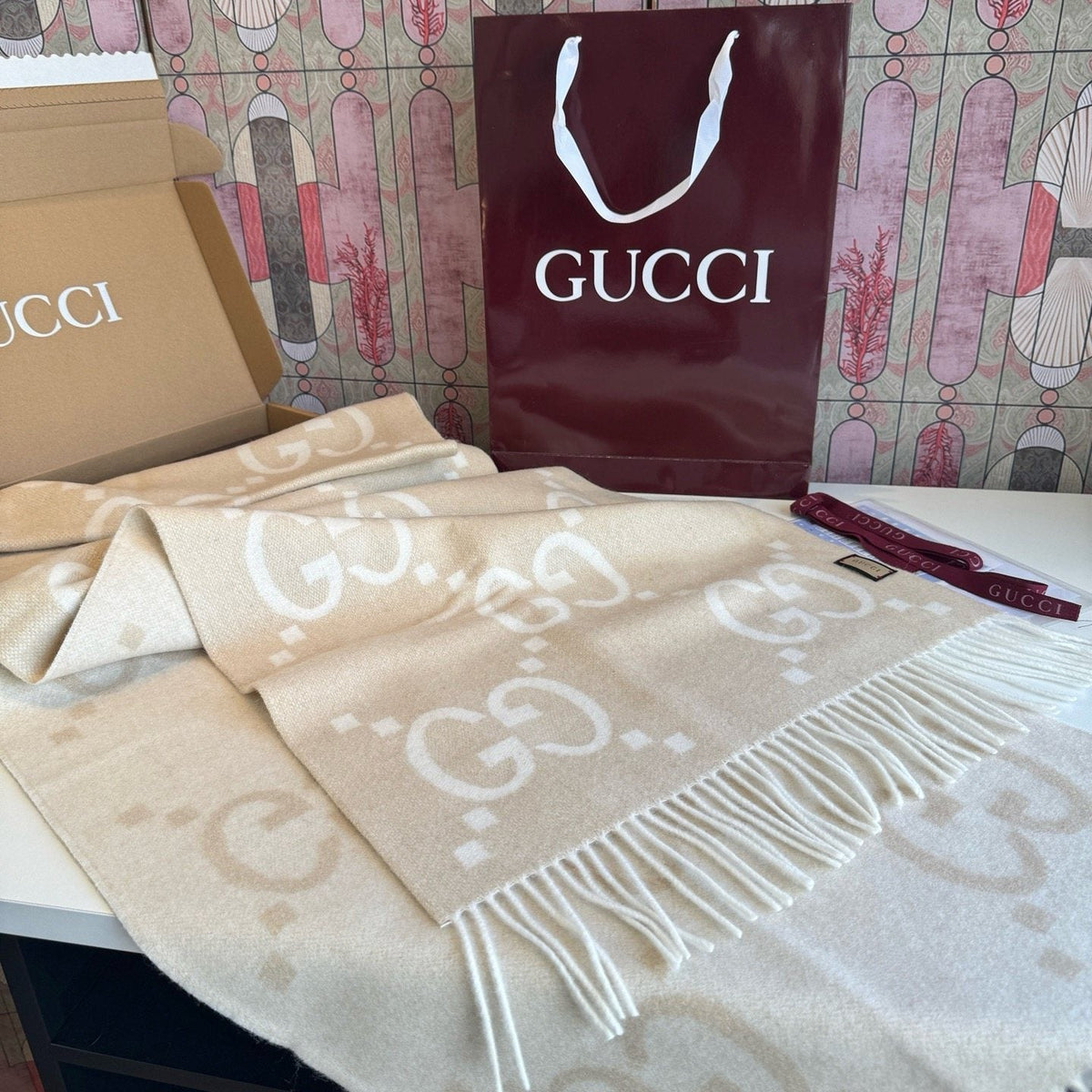 Gucci Beige Cream GG Fringe Scarf product image 3, provided for visual reference and product detail review