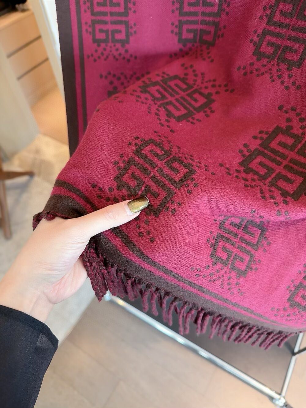 Givenchy Burgundy Geometric Fringe Scarf product image 3, provided for visual reference and product detail review