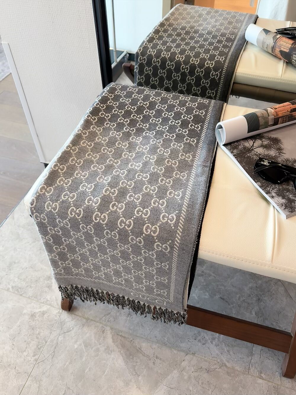 Gucci Brown Beige Jacquard Fringe Scarf product image 1, provided for visual reference and product detail review