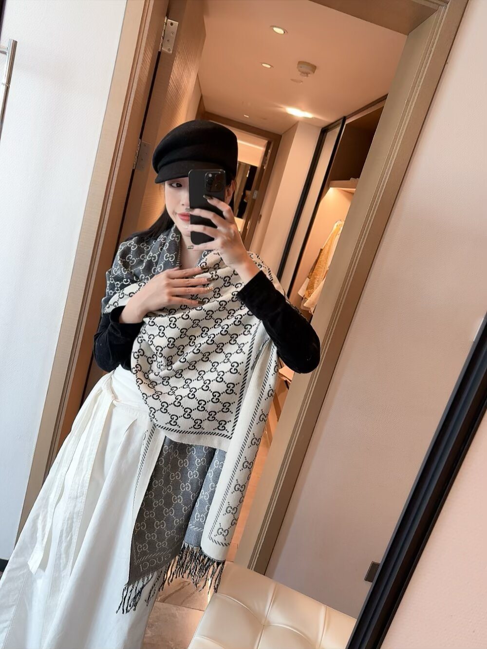 Gucci Brown Beige Jacquard Fringe Scarf product image 4, provided for visual reference and product detail review