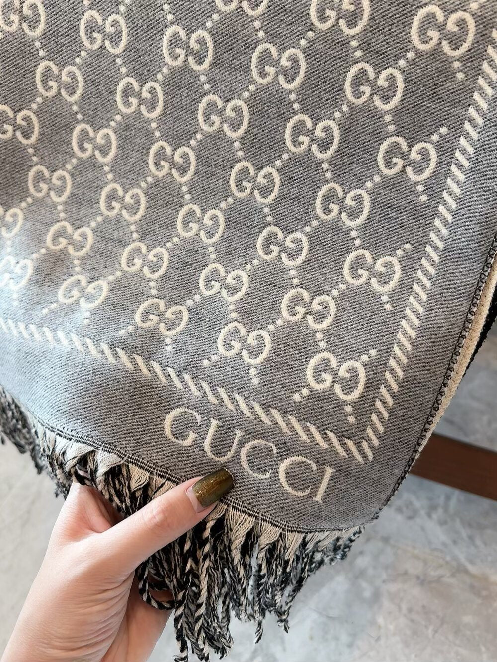 Gucci Brown Beige Jacquard Fringe Scarf product image 3, provided for visual reference and product detail review