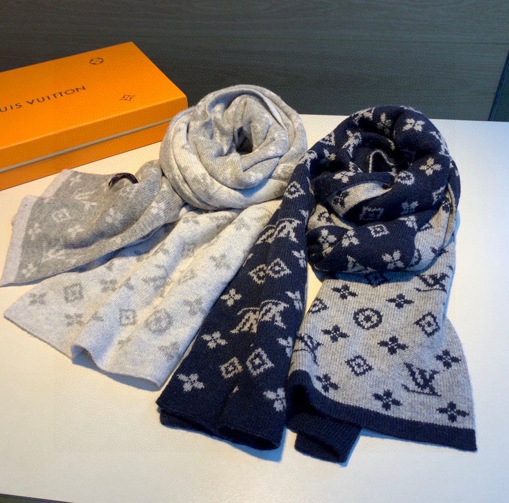 Louis Vuitton Navy and Gray Monogram Knit Scarf product image 1, provided for visual reference and product detail review