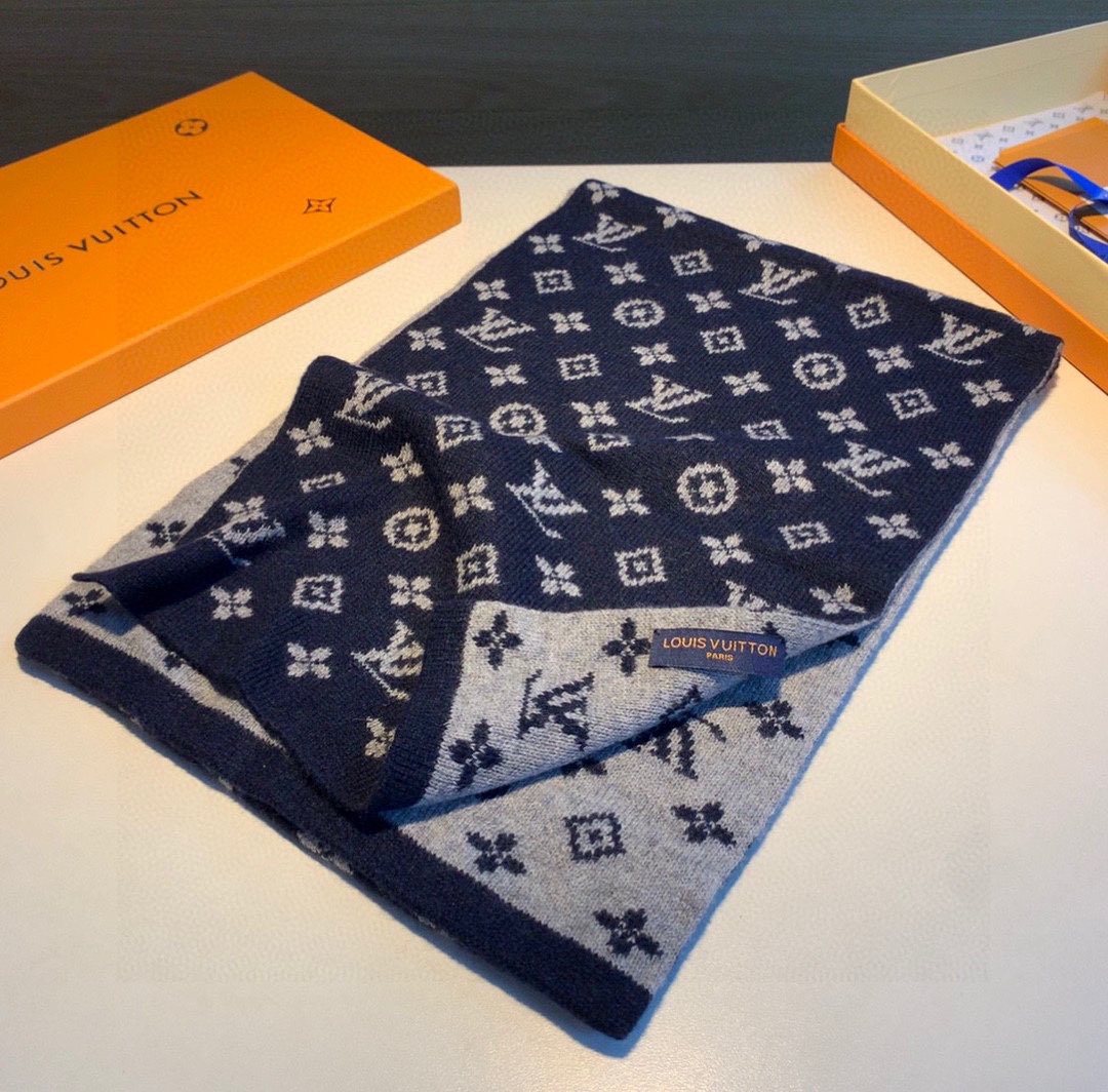 Louis Vuitton Navy and Gray Reversible Cashmere Scarf product image 1, provided for visual reference and product detail