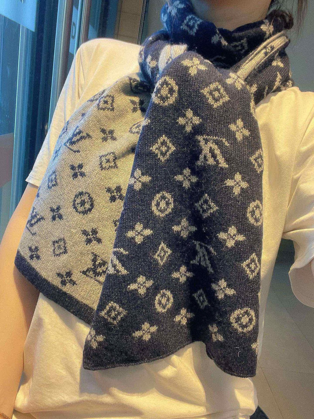 Louis Vuitton Navy and Gray Monogram Knit Scarf product image 2, provided for visual reference and product detail review