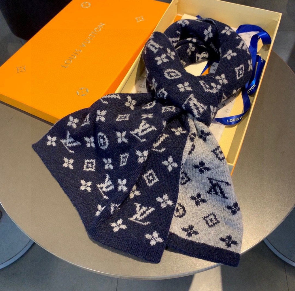 Louis Vuitton Navy and Gray Monogram Knit Scarf product image 4, provided for visual reference and product detail review