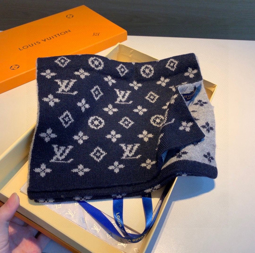 Louis Vuitton Navy and Gray Monogram Knit Scarf product image 7, provided for visual reference and product detail review