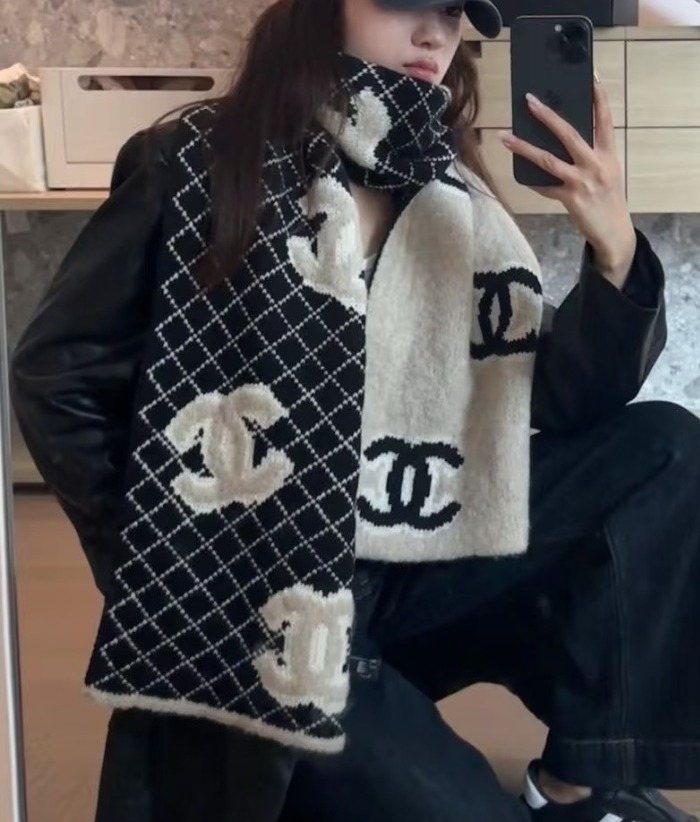 Chanel Black & White Graphic Patterned Scarf product image 1, provided for visual reference and product detail review