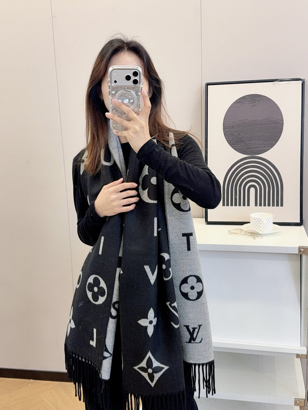 Louis Vuitton Black & Gray Patterned Scarf product image 3, provided for visual reference and product detail review