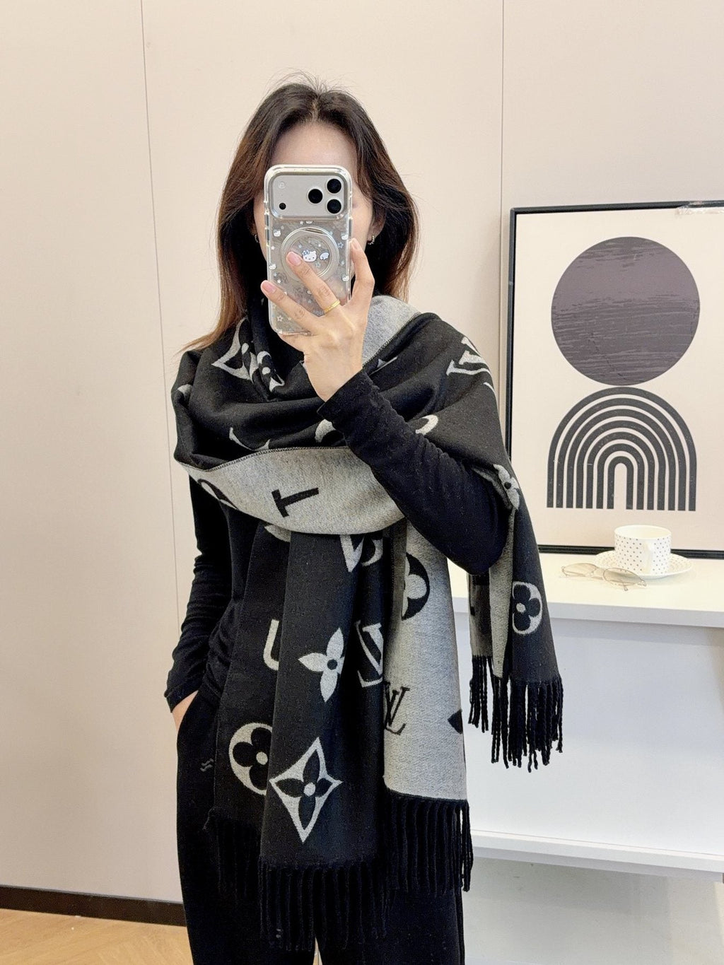 Louis Vuitton Black & Gray Patterned Scarf product image 2, provided for visual reference and product detail review