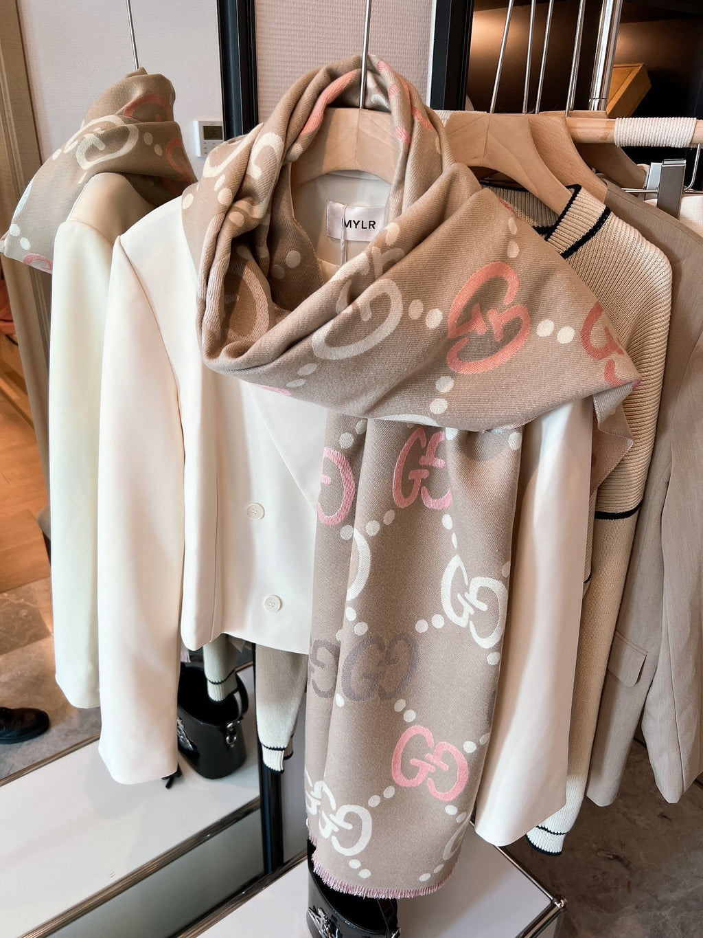 Gucci Beige Brown Ivory Monogram Fringed Scarf product image 1, provided for visual reference and product detail review