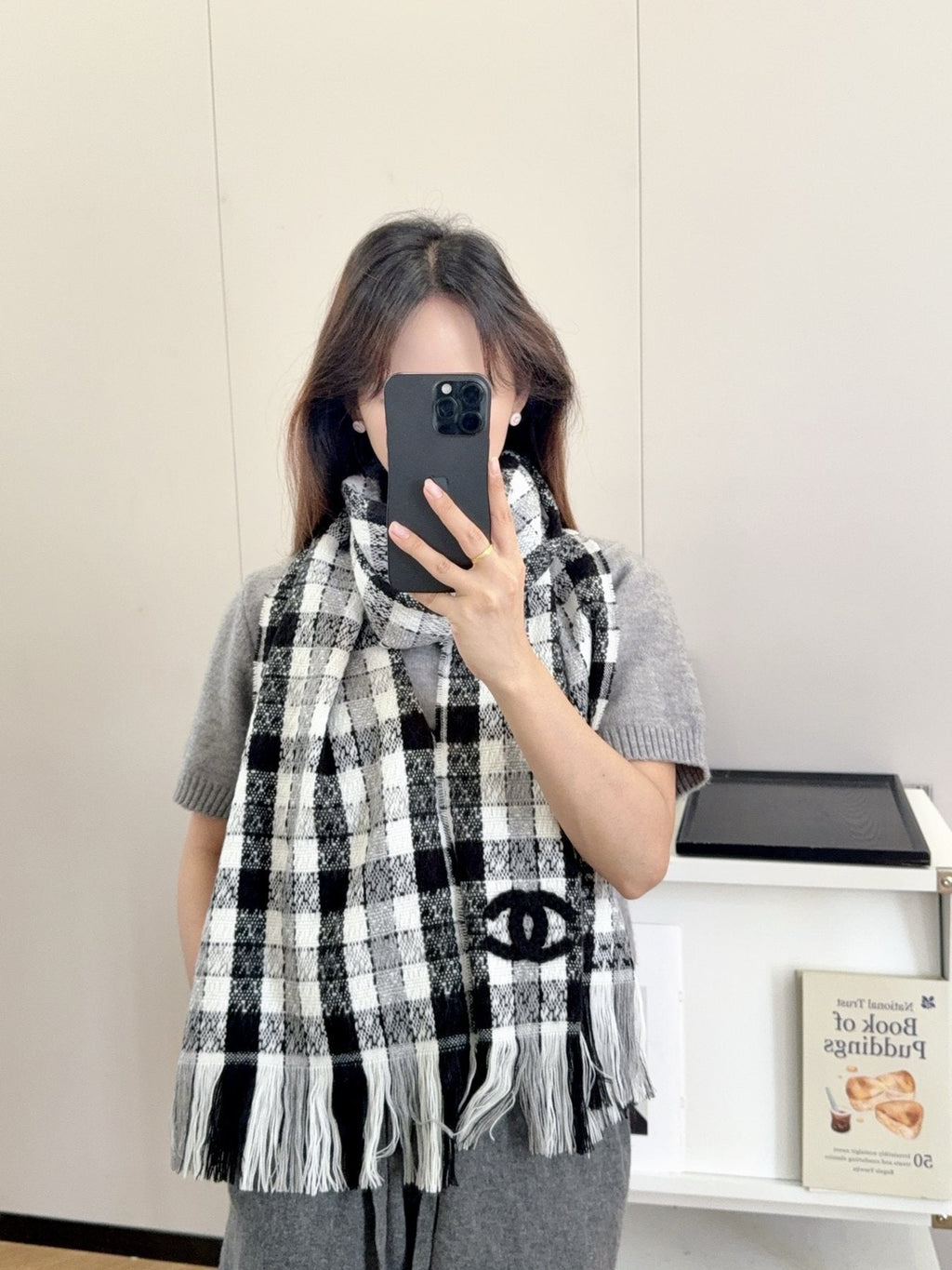 Chanel Black and White Plaid Fringed Scarf product image 7, provided for visual reference and product detail review
