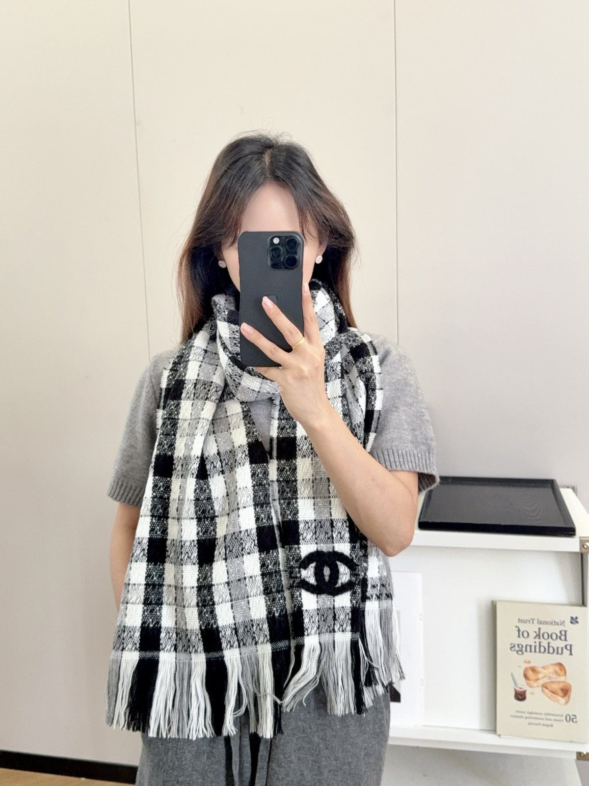 Chanel Black and White Plaid Fringed Scarf product image 7, provided for visual reference and product detail review