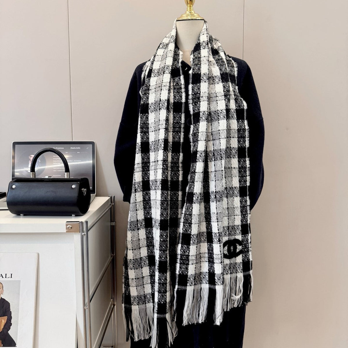 Chanel Black and White Plaid Fringed Scarf product image 2, provided for visual reference and product detail review