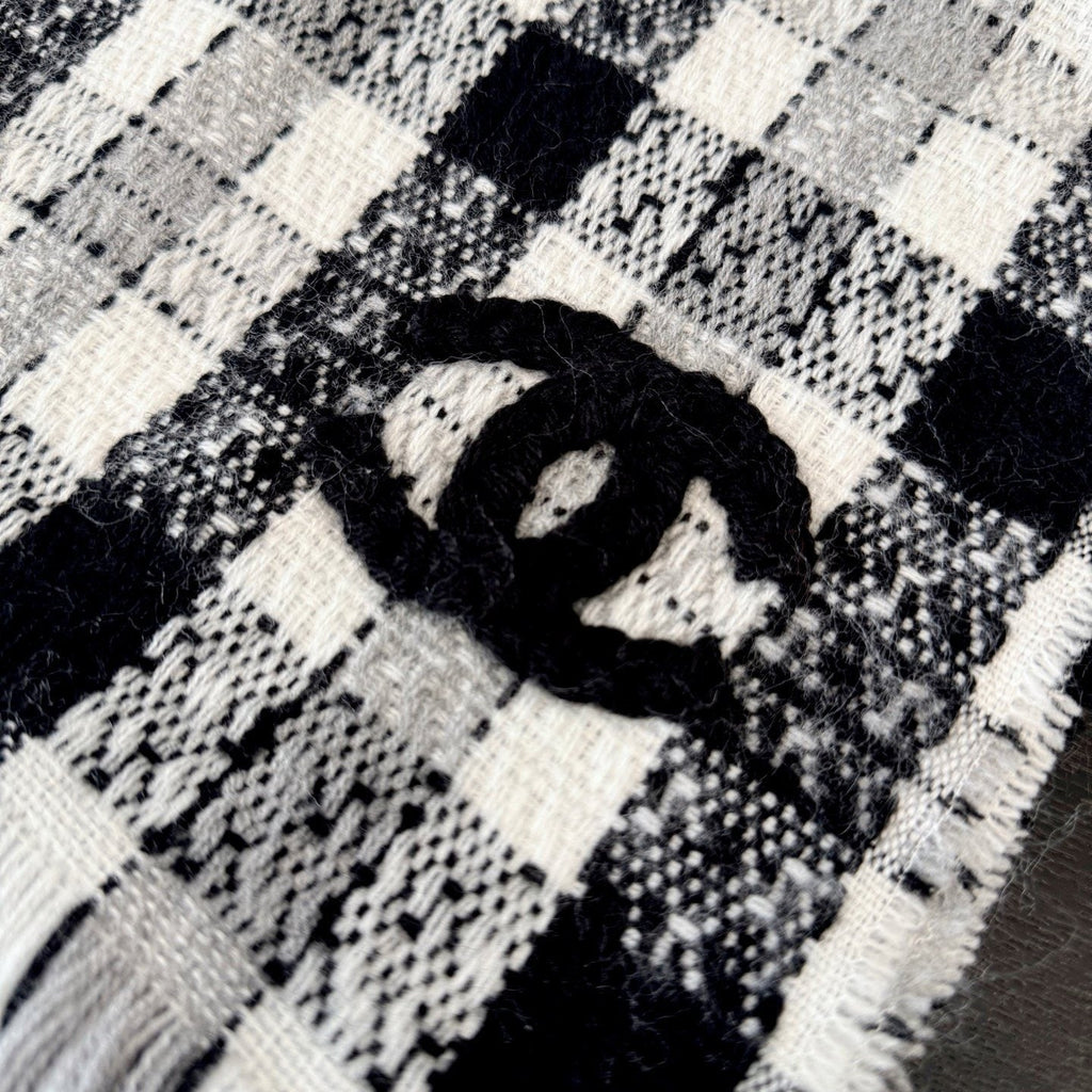 Chanel Black and White Plaid Fringed Scarf product image 5, provided for visual reference and product detail review