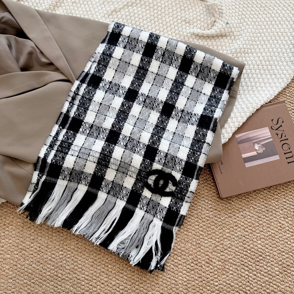 Chanel Black and White Plaid Fringed Scarf product image 4, provided for visual reference and product detail review
